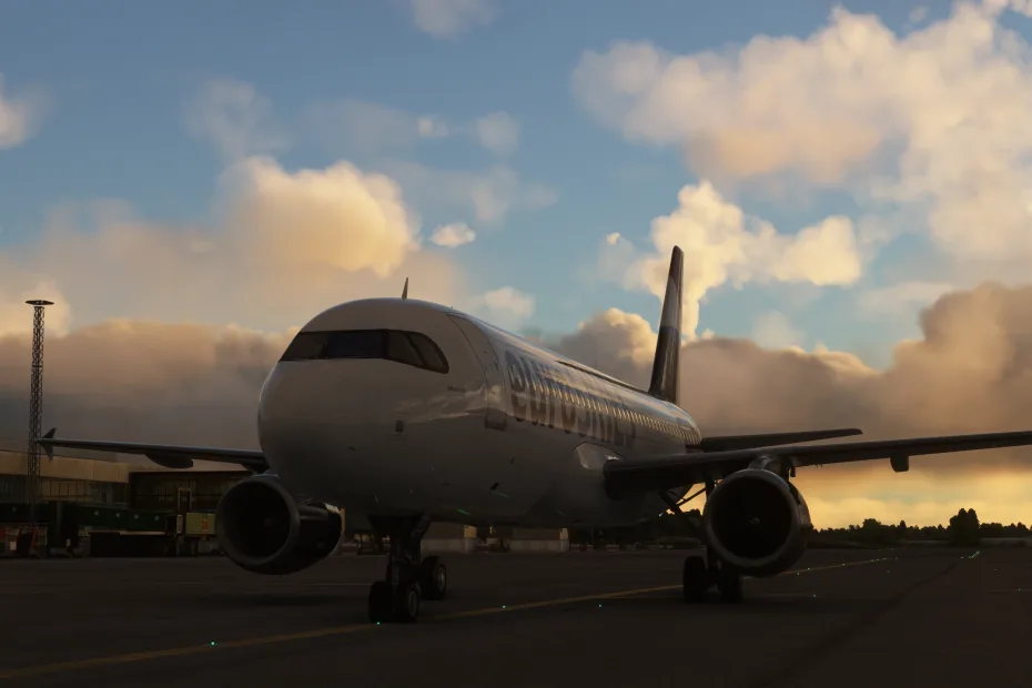 euroSKIES Airbus 320 in fair weather taxiing during sunset