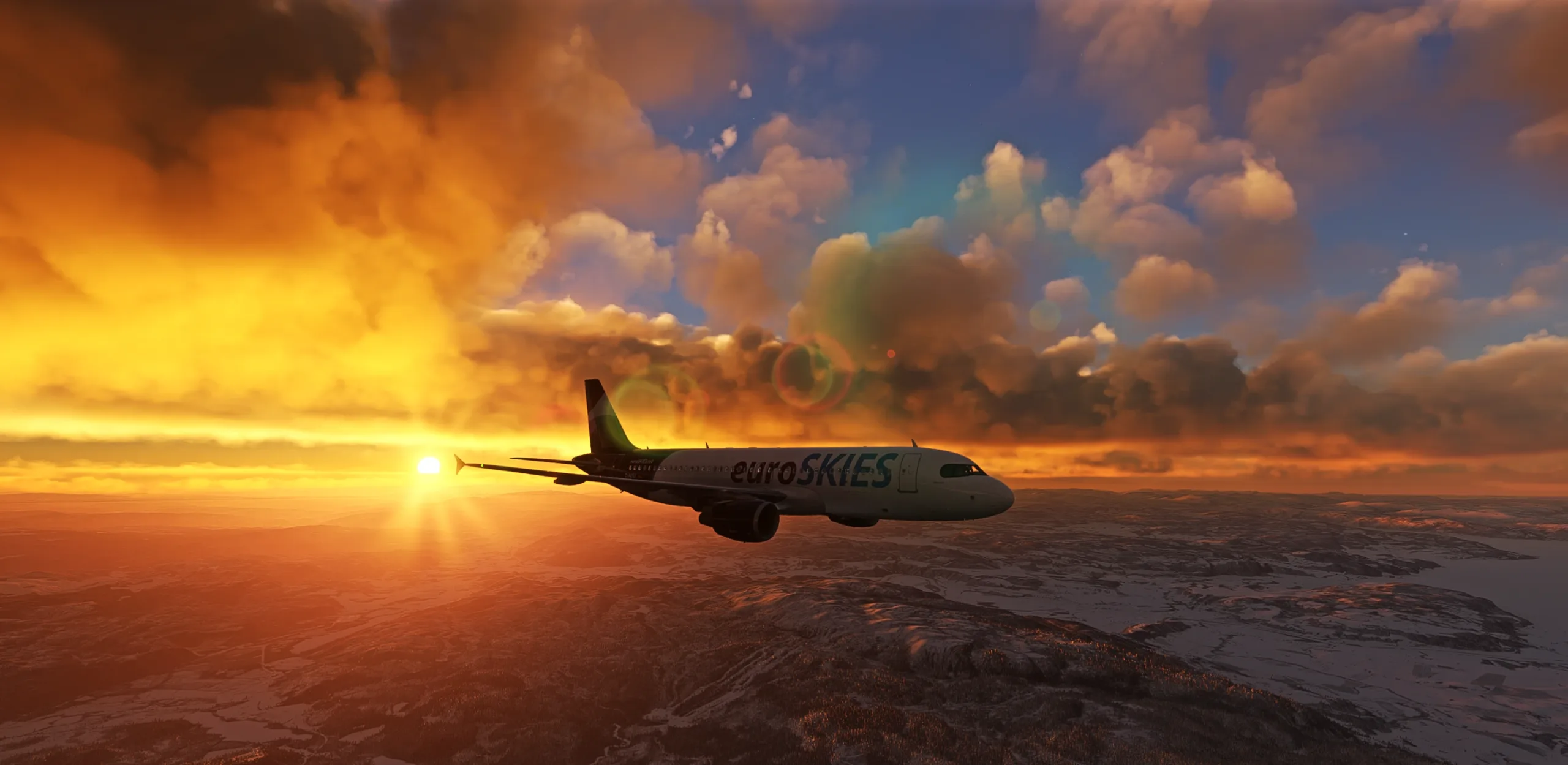 euroSKIES  airbus a320 performing checks during sunset snowy approach
