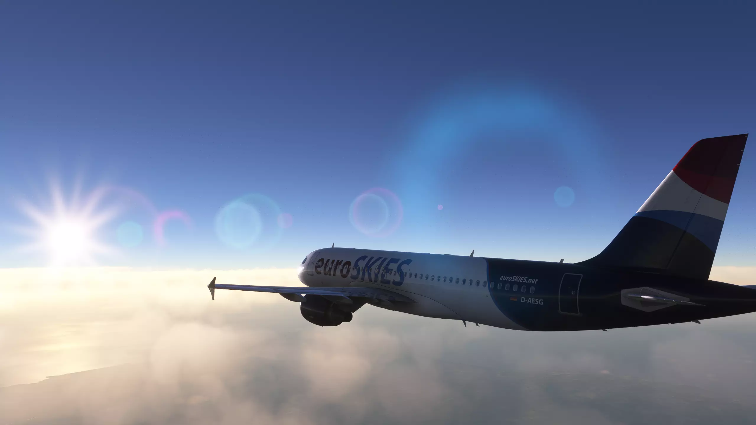 euroSKIES virtuelle Fluggesellschaft setzt Flugzeug aus Airbus A320 Flotte ein, um in die Sonne zu fliegen. 