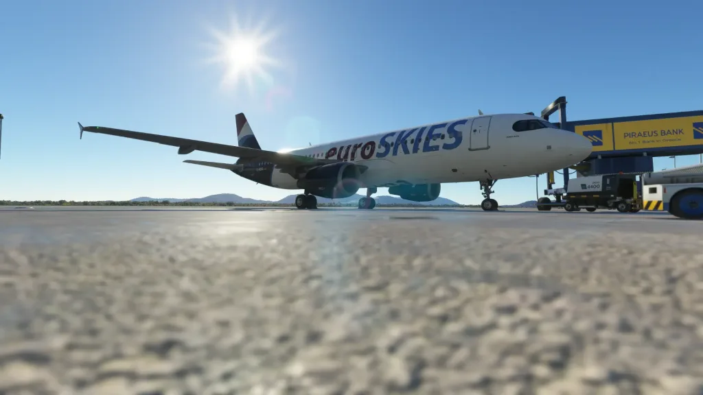 Fenix A320 euroSKIES virtual airline aircraft on the ground in the sunlight.