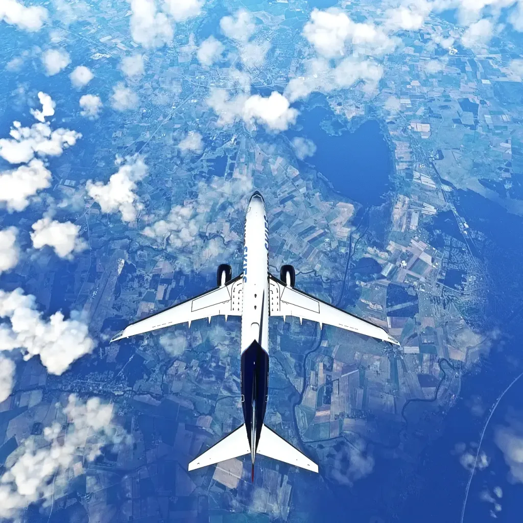 Die Boeing 737-800 der virtuellen Fluggesellschaft euroSKIES fliegt im MSFS aus der Vogelperspektive über ein Gelände mit einem See, Feldern und einer Autobahn.