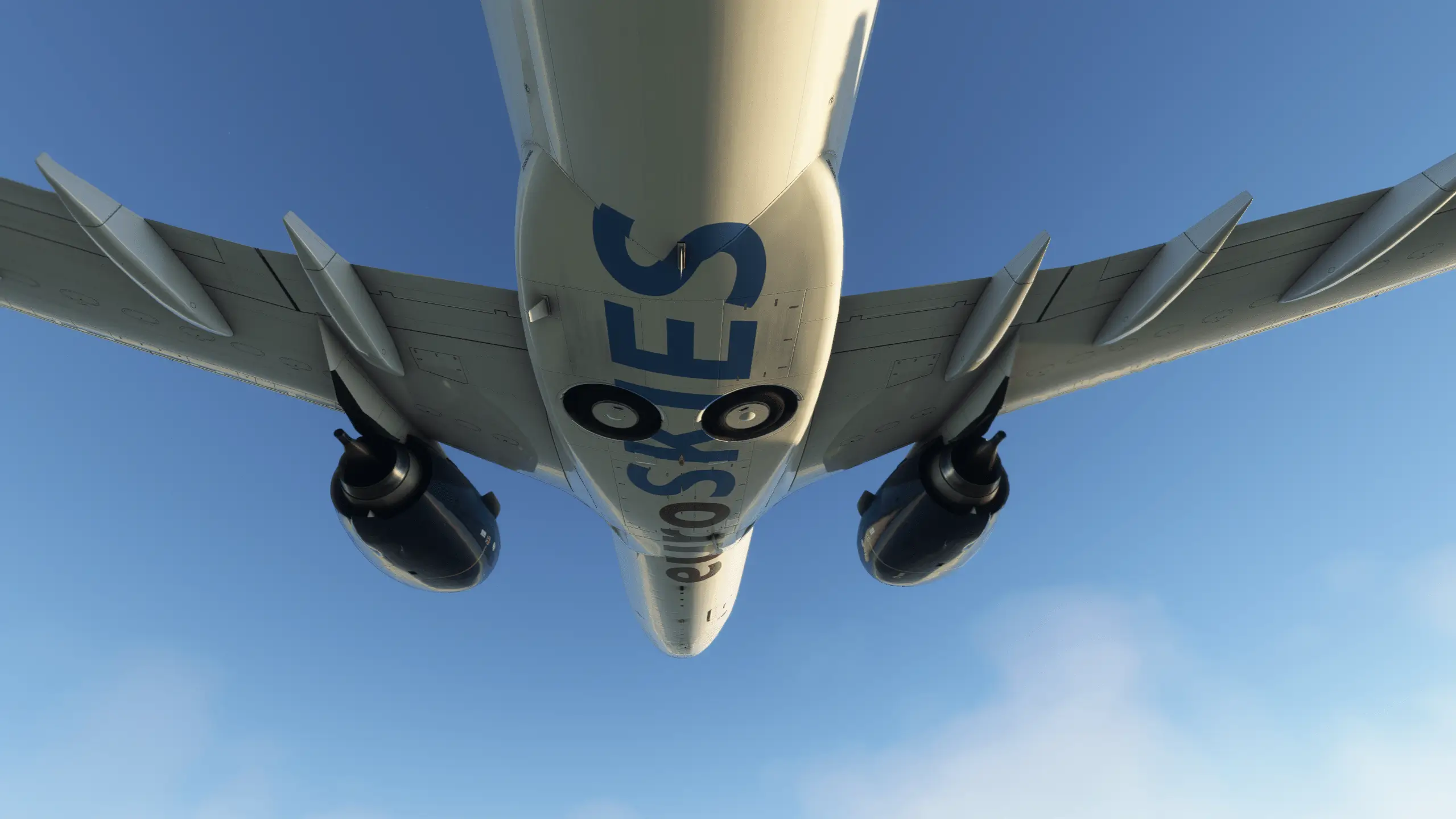 PMDG 737-800 euroSKIES virtual airline belly view with euroSKIES lettering.