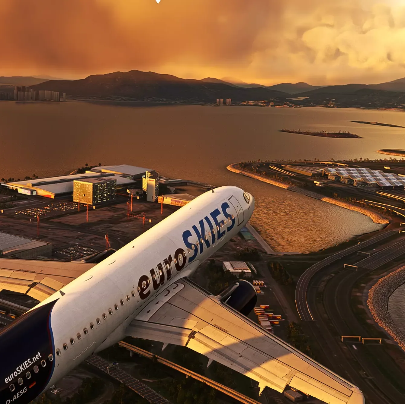 euroSKIES virtual airline A320 approaching across a harbour