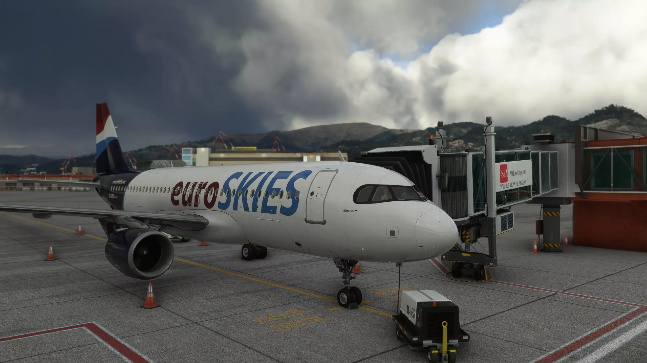 Passagiere erleben schlechtes Wetter beim Einsteigen in einen Airbus A320 von euroSKIES