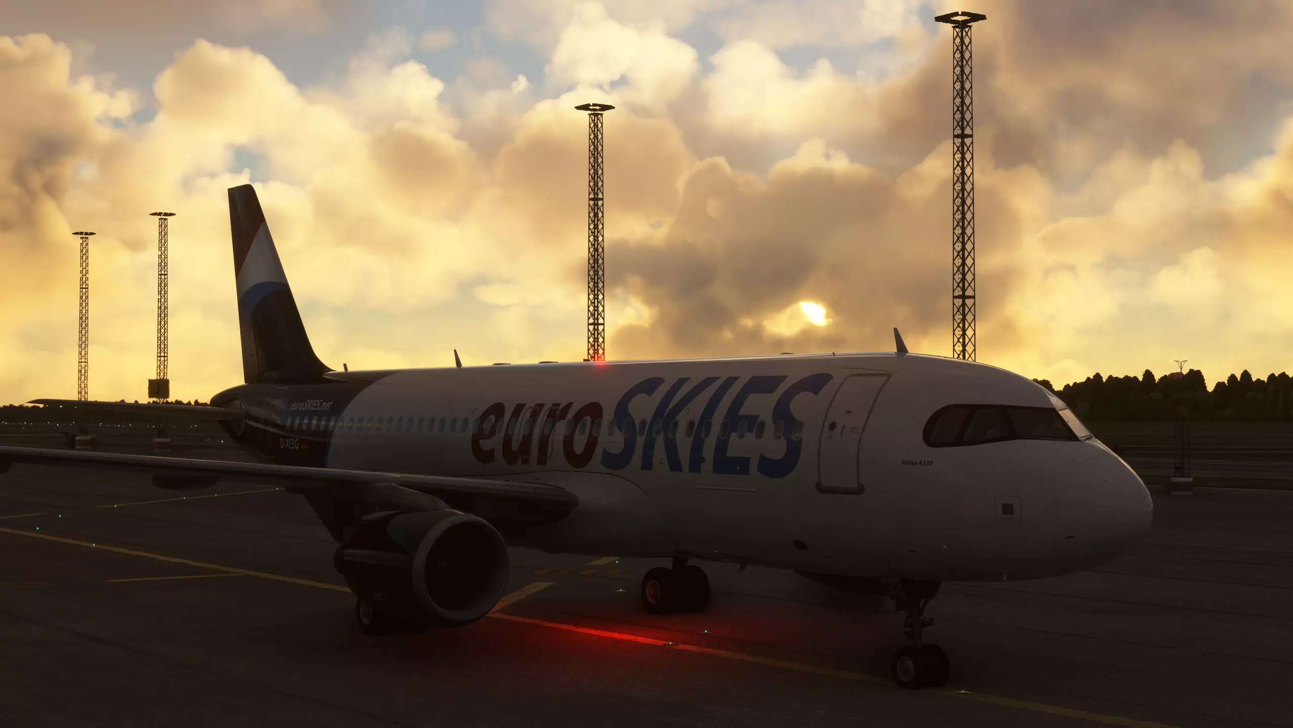 euroSKIES virtuelle Fluggesellschaft A320 rollt in den Sonnenuntergang 